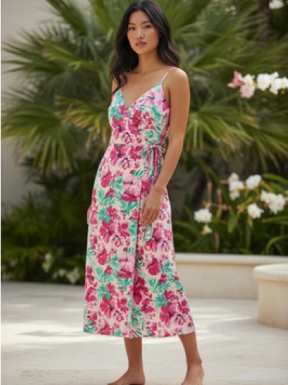 J. Crew Pink Floral Wrap Dress with Green Leaves